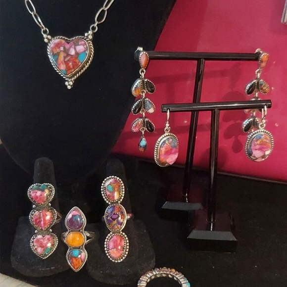 Kingman Pink & Turquiose Dalia Heart Necklace Sterling Silver 💕 - Picture 1 of 12